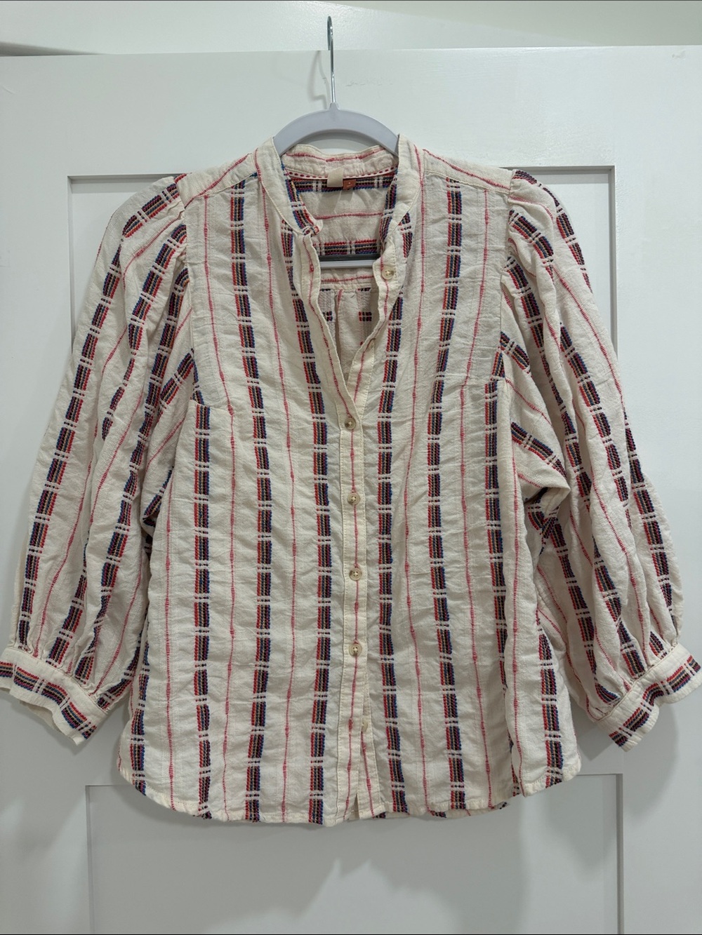 Pilcro Cream Button-Down Shirt with Red & Navy Stripes